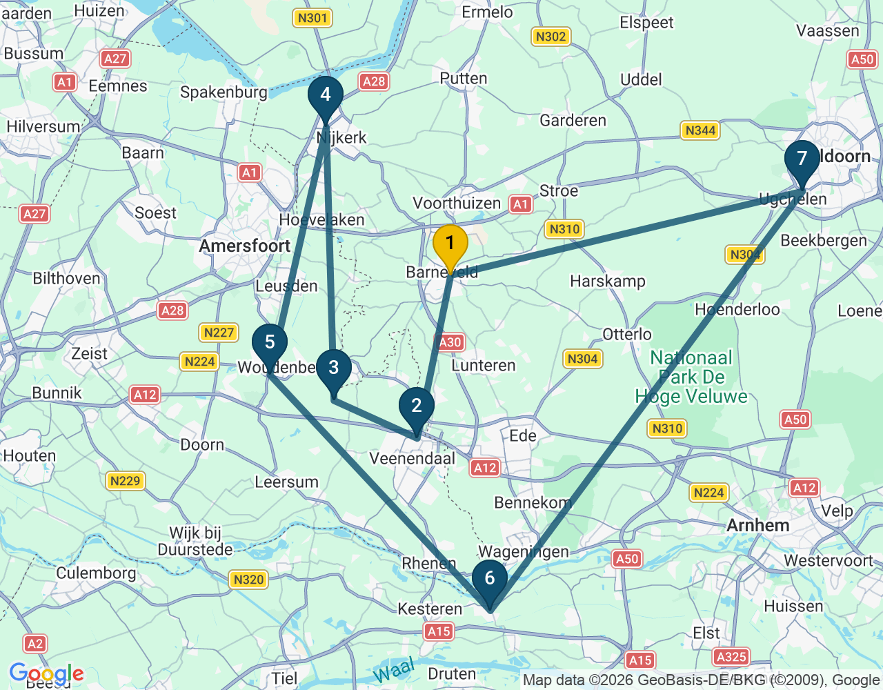 Kaart van de kringlooproute met de winkels 1 Barneveld, 2 Veenendaal, 3 Scherpenzeel, 4 Nijkerk, 5 Woudenberg, 6 Opheusden en 7 Apeldoorn