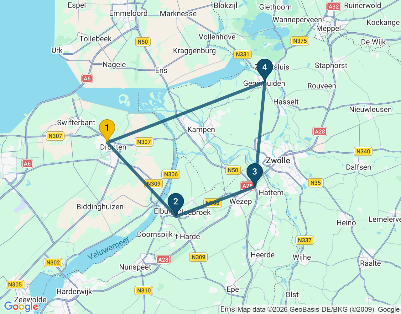 Kaart van de kringlooproute met de winkels 1 Dronten, 2 Elburg, 3 Hattem en 4 Genemuiden