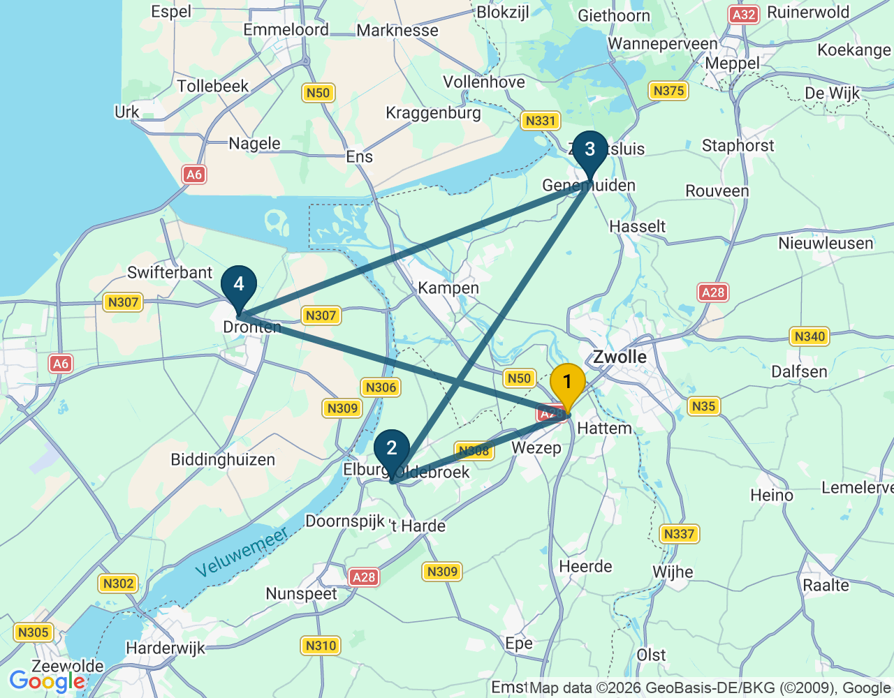 Kaart van de kringlooproute met de winkels 1 Hattem, 2 Elburg, 3 Genemuiden en 4 Dronten