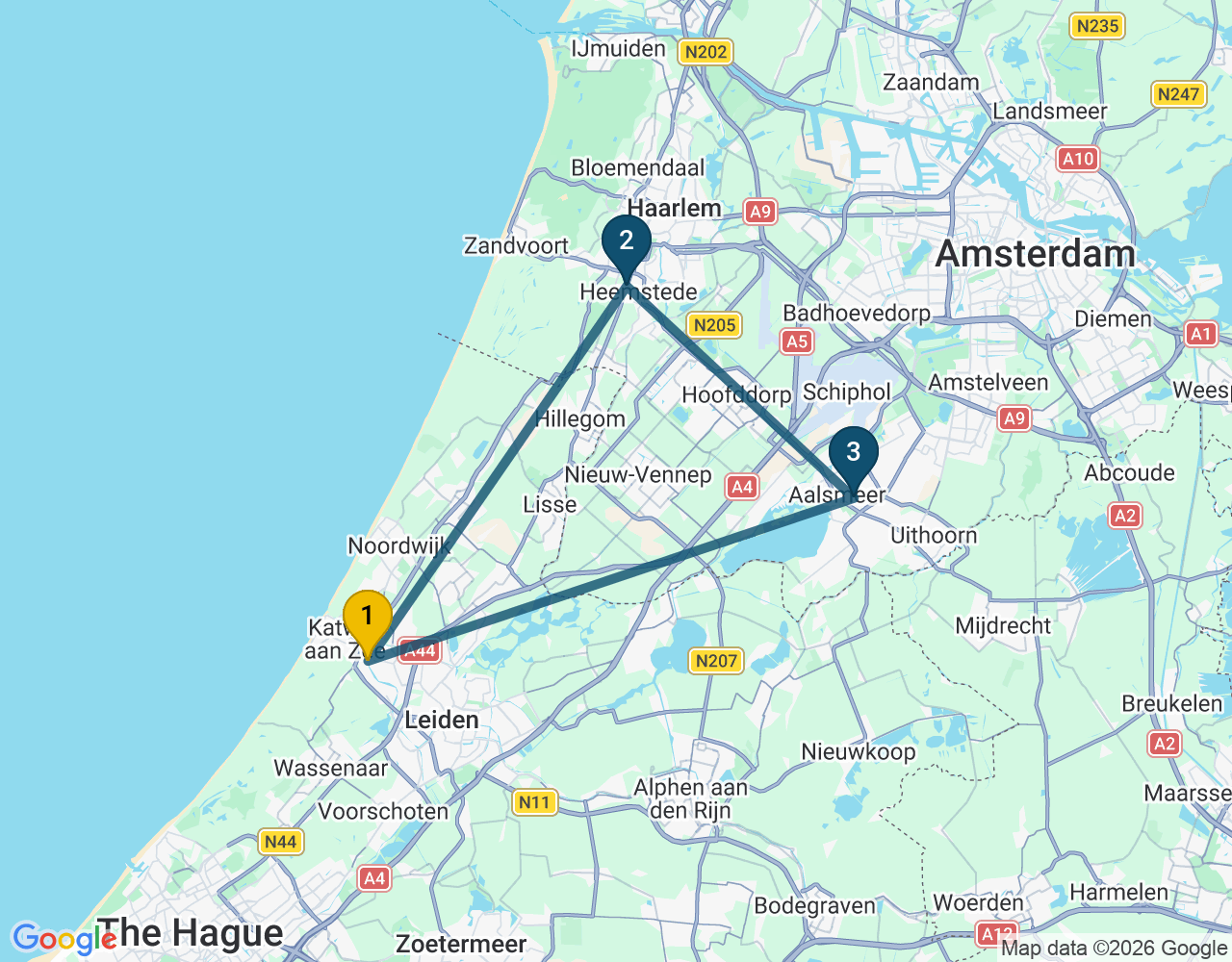 Kaart van de kringlooproute met de winkels 1 Katwijk-Rijnsburg-Valkenburg, 2 Heemstede en 3 Aalsmeer