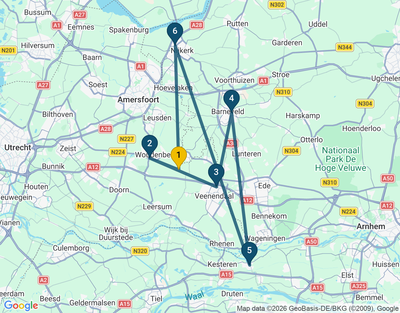 Kaart van de kringlooproute met de winkels 1 Scherpenzeel, 2 Woudenberg, 3 Veenendaal, 4 Barneveld, 5 Opheusden en 6 Nijkerk