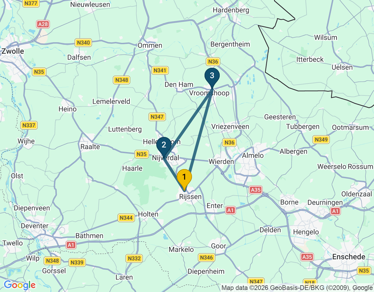 Kaart van de kringlooproute met de winkels 1 Rijssen, 2 Nijverdal en 3 Vroomshoop