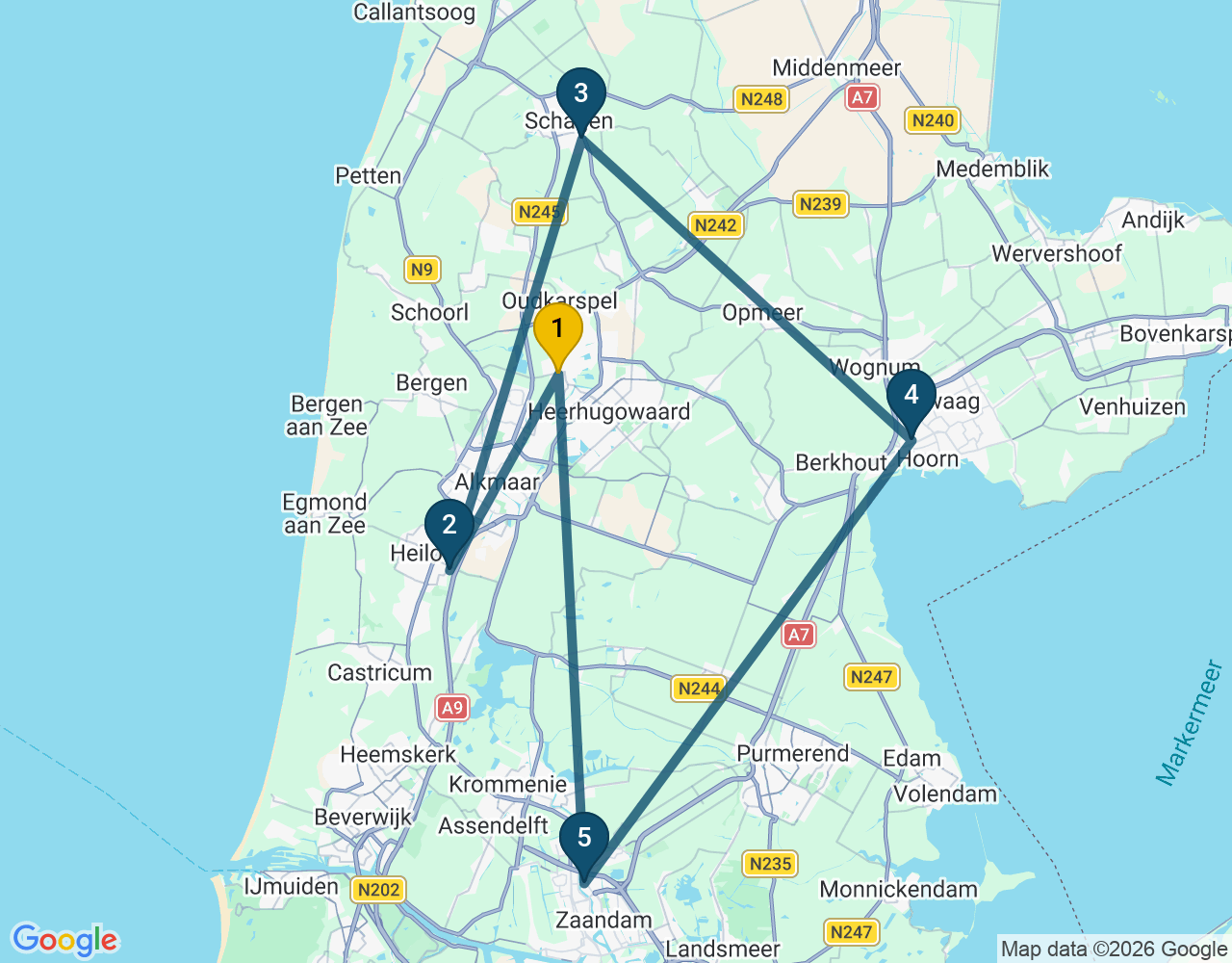 Kaart van de kringlooproute met de winkels 1 Langedijk, 2 Heiloo, 3 Schagen, 4 Hoorn en 5 Zaandam
