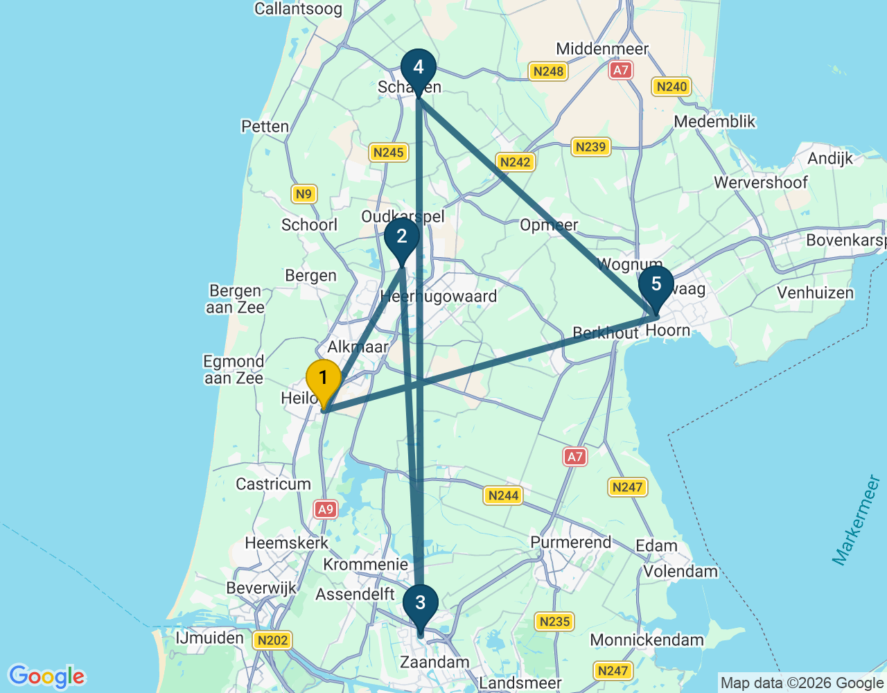 Kaart van de kringlooproute met de winkels 1 Heiloo, 2 Langedijk, 3 Zaandam, 4 Schagen en 5 Hoorn