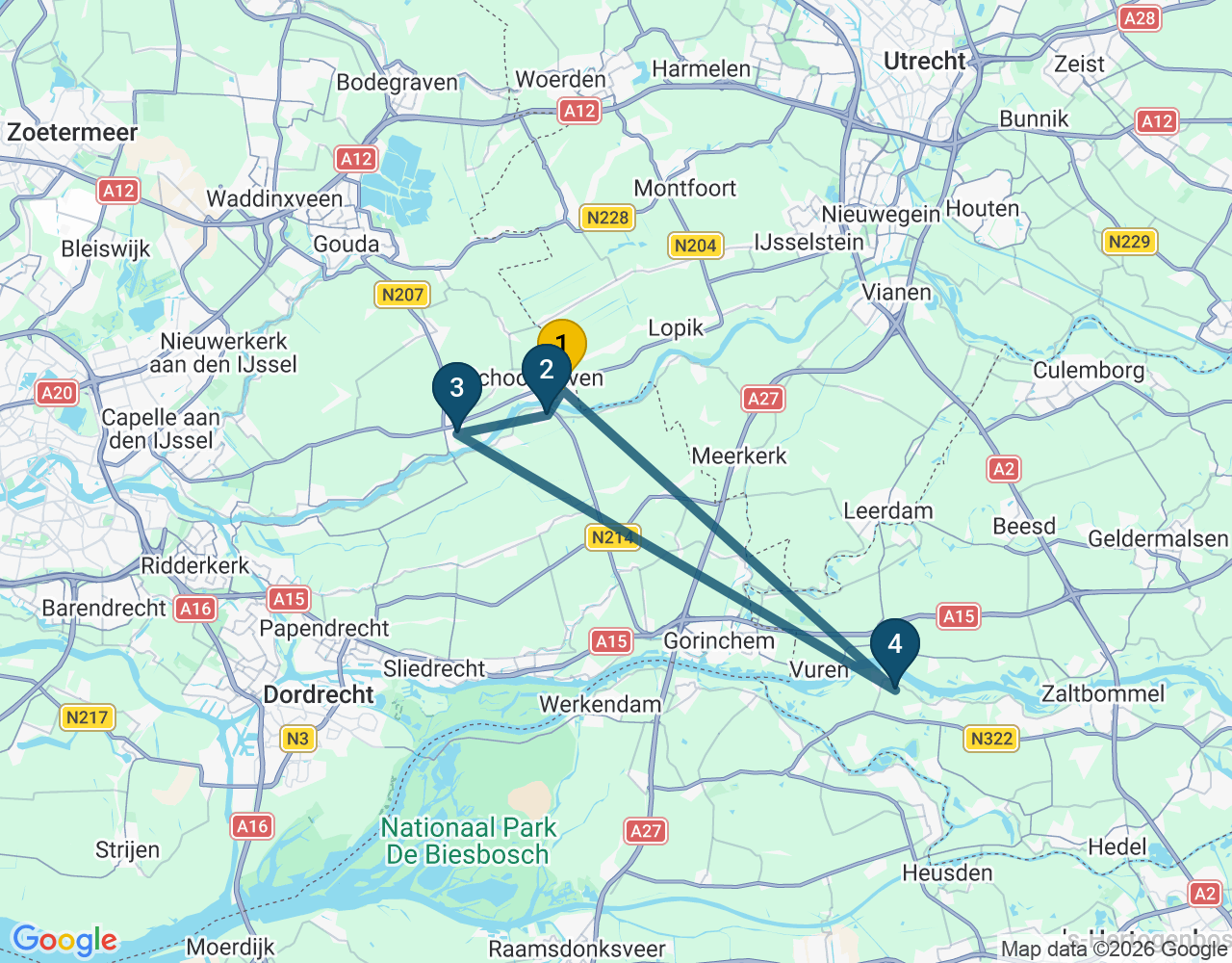 Kaart van de kringlooproute met de winkels 1 Schoonhoven, 2 Groot-Ammers, 3 Bergambacht en 4 Brakel