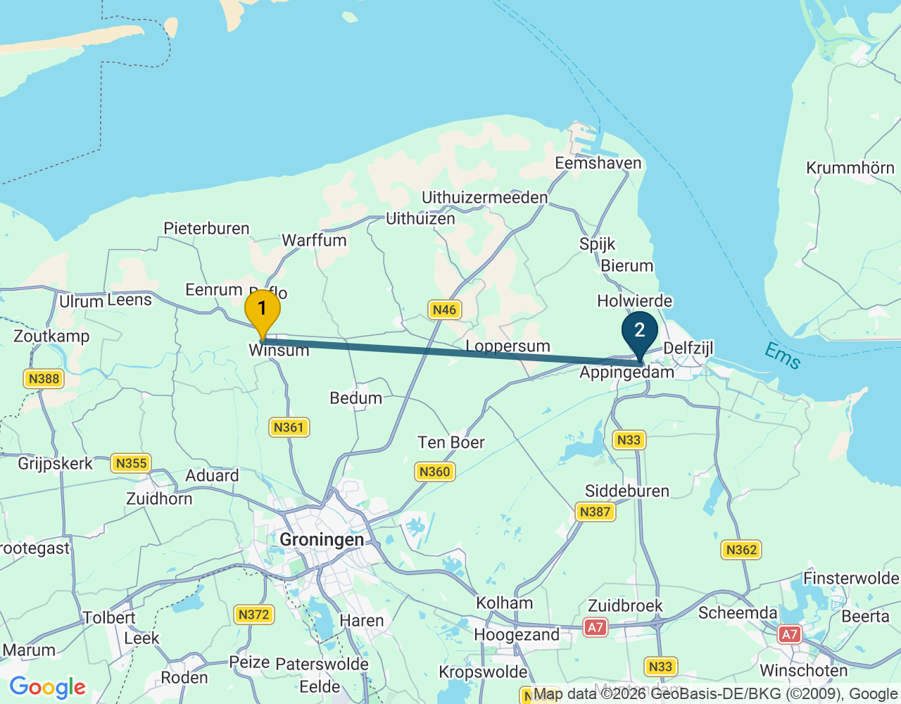 Kaart van de kringlooproute met de winkels 1 Winsum en 2 Appingedam