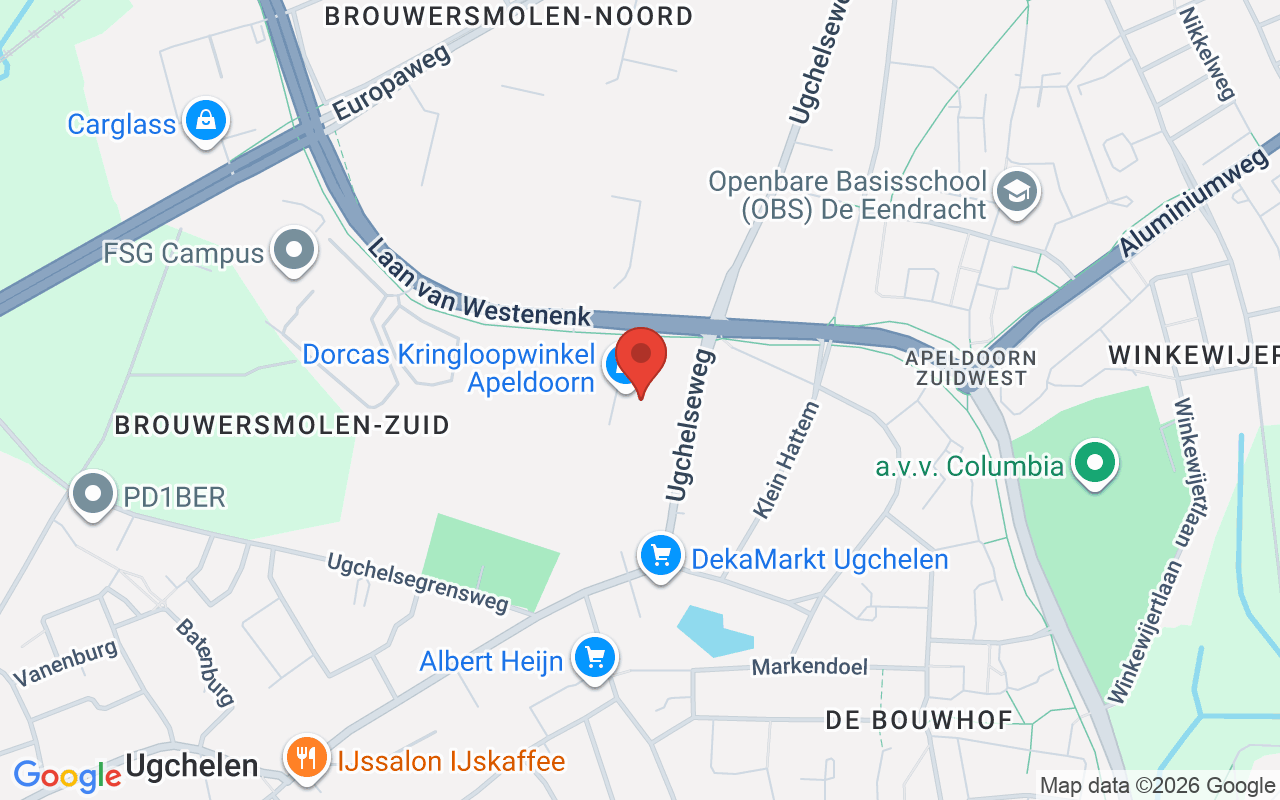 Kaart van het Dorcas Regiocentrum in Apeldoorn, gelegen nabij Uglechen en de Uglechsestraat, met belangrijke locaties zoals de Albert Heijn en Dekamarkt Uglechen.