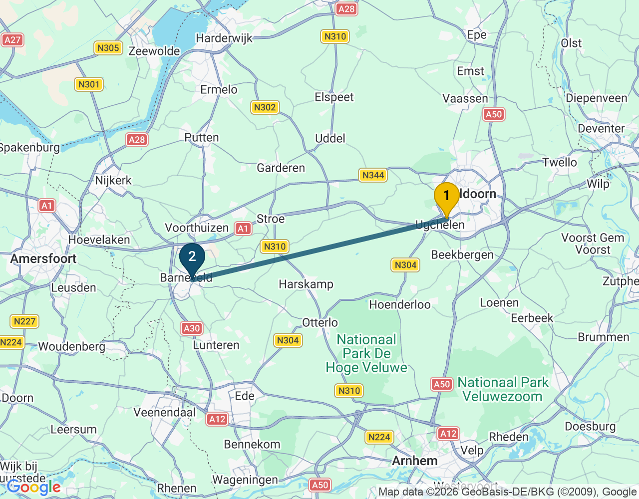 Kaart van de kringlooproute met de winkels 1 Apeldoorn en 2 Barneveld
