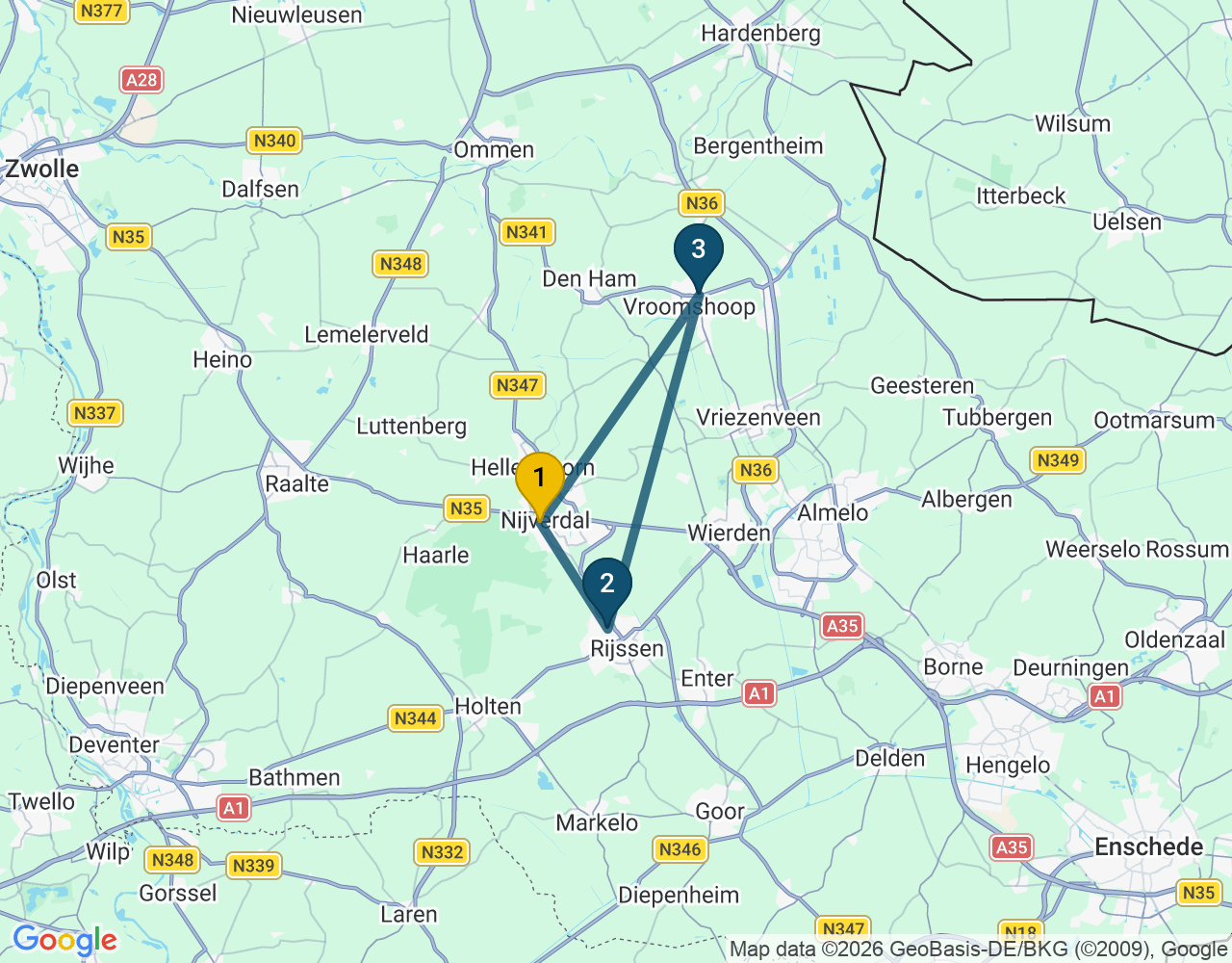 Kaart van de kringlooproute met de winkels 1 Nijverdal, 2 Rijssen en 3 Vroomshoop