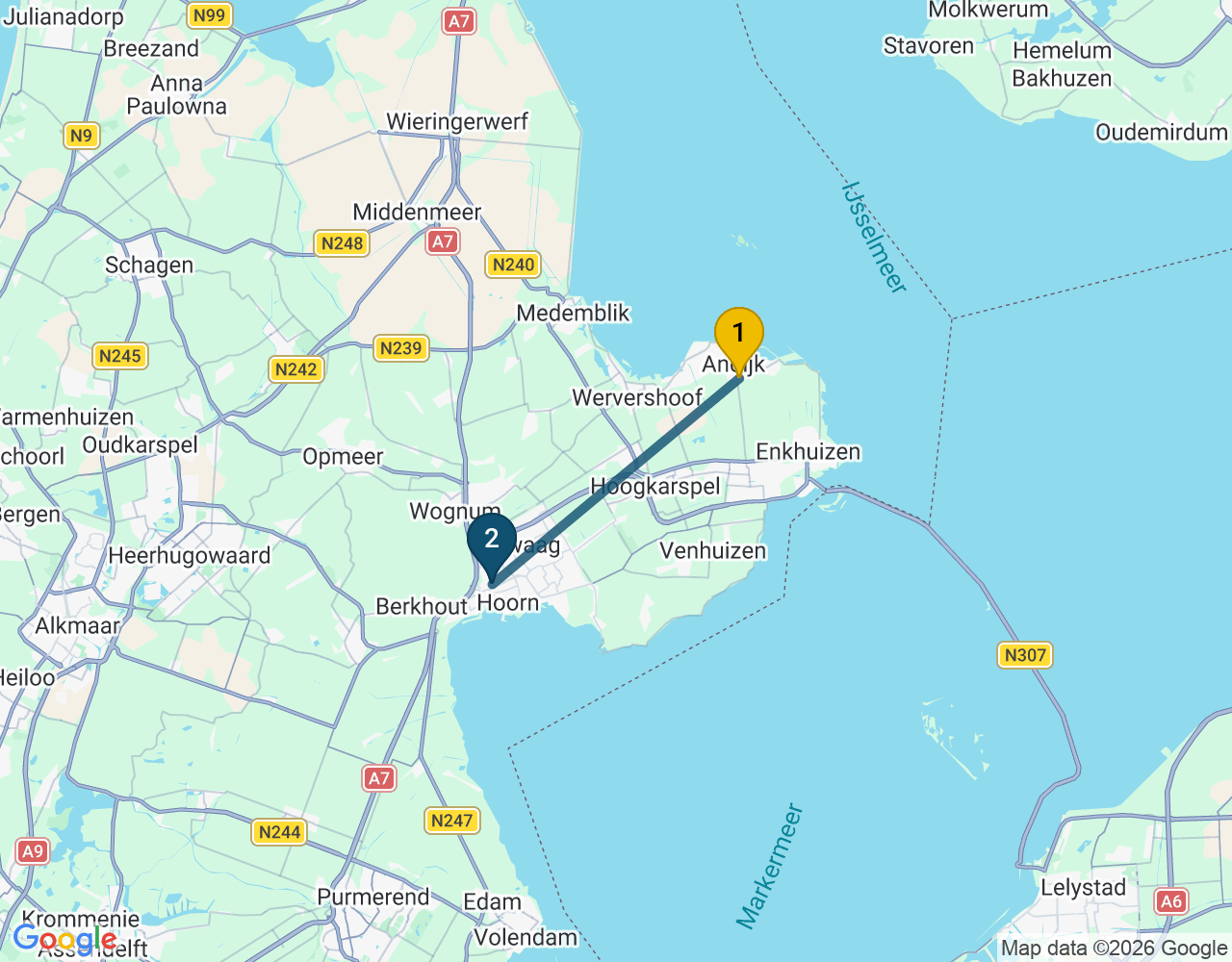 Kaart van de kringlooproute met de winkels 1 Andijk en 2 Hoorn