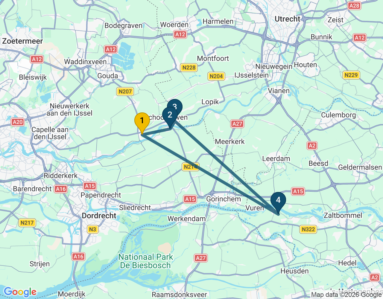 Kaart van de kringlooproute met de winkels 1 Bergambacht, 2 Groot-Ammers, 3 Schoonhoven en 4 Brakel