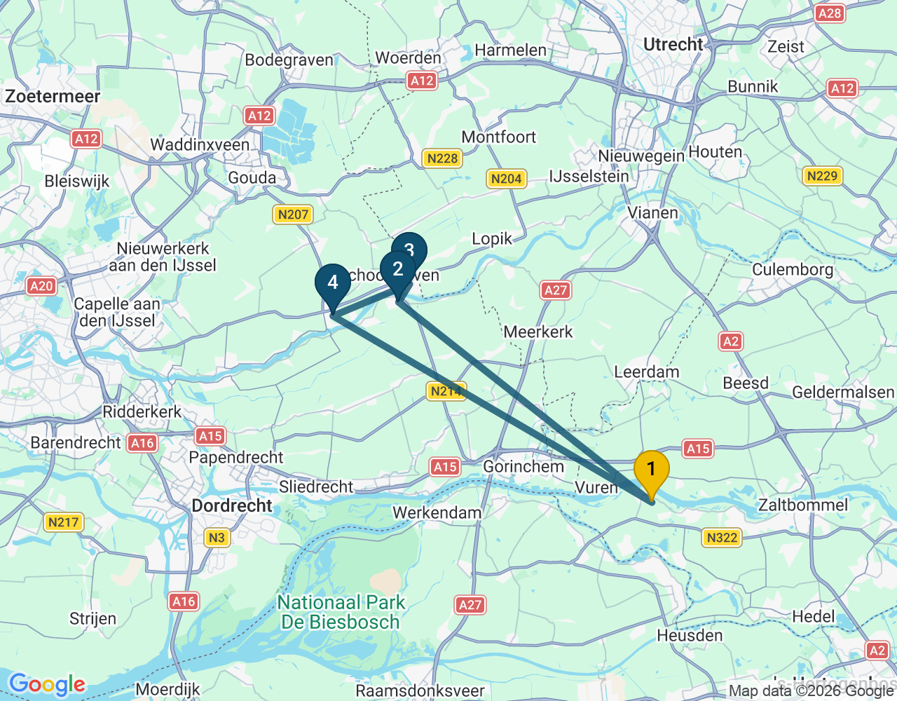 Kaart van de kringlooproute met de winkels 1 Brakel, 2 Groot-Ammers, 3 Schoonhoven en 4 Bergambacht