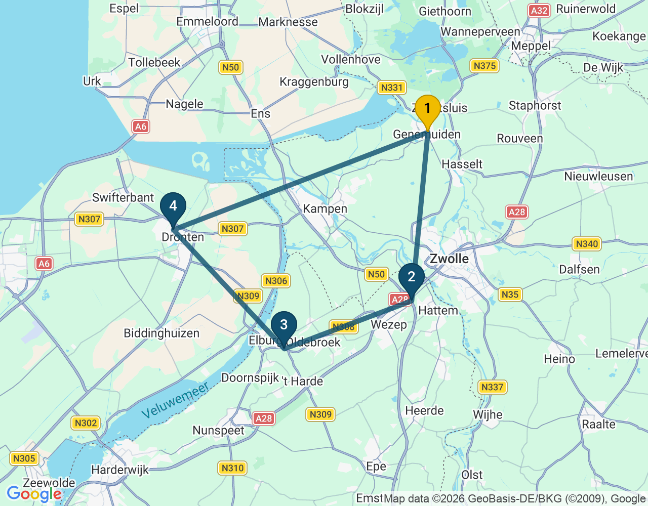 Kaart van de kringlooproute met de winkels 1 Genemuiden, 2 Hattem, 3 Elburg en 4 Dronten