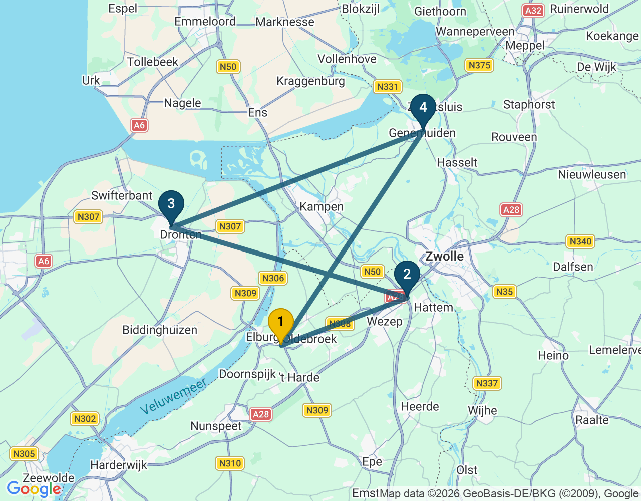 Kaart van de kringlooproute met de winkels 1 Elburg, 2 Hattem, 3 Dronten en 4 Genemuiden