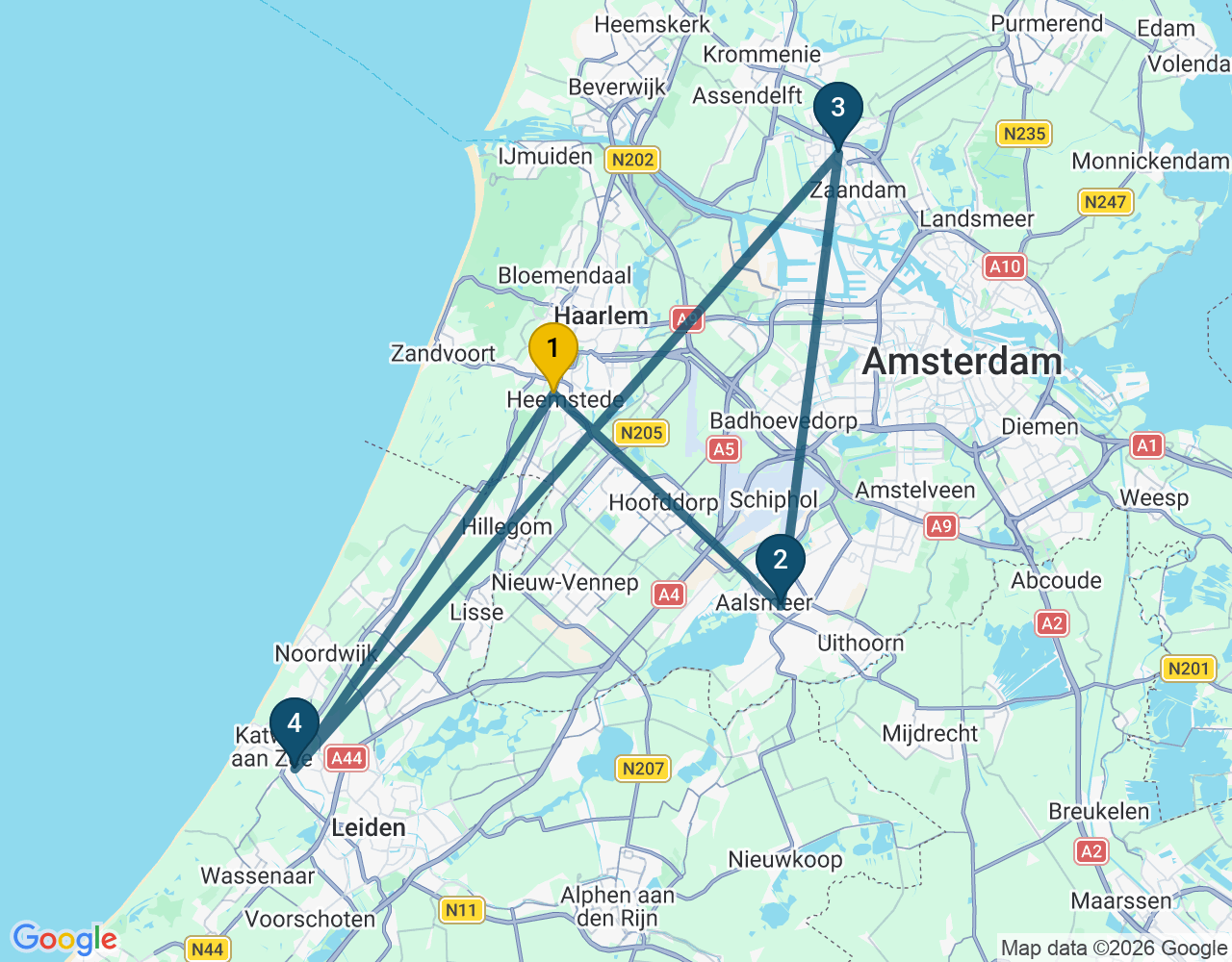 Kaart van de kringlooproute met de winkels 1 Heemstede, 2 Aalsmeer, 3 Zaandam en 4 Katwijk-Rijnsburg-Valkenburg