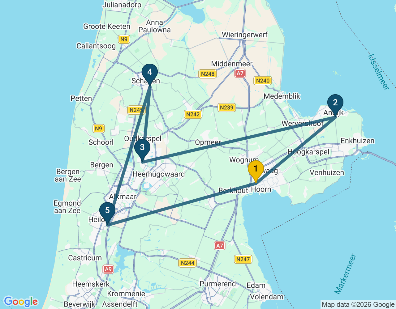 Kaart van de kringlooproute met de winkels 1 Hoorn, 2 Andijk, 3 Langedijk, 4 Schagen en 5 Heiloo