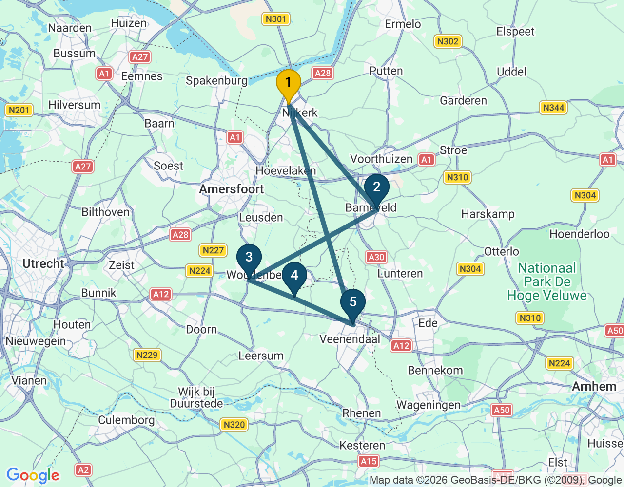 Kaart van de kringlooproute met de winkels 1 Nijkerk, 2 Barneveld, 3 Woudenberg, 4 Scherpenzeel en 5 Veenendaal