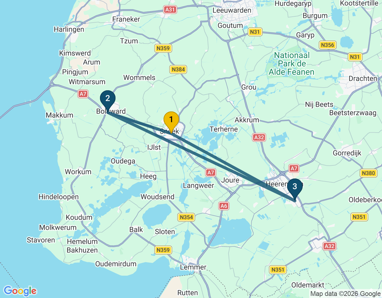 Kaart van de kringlooproute met de winkels 1 Sneek, 2 Bolsward en 3 Heerenveen