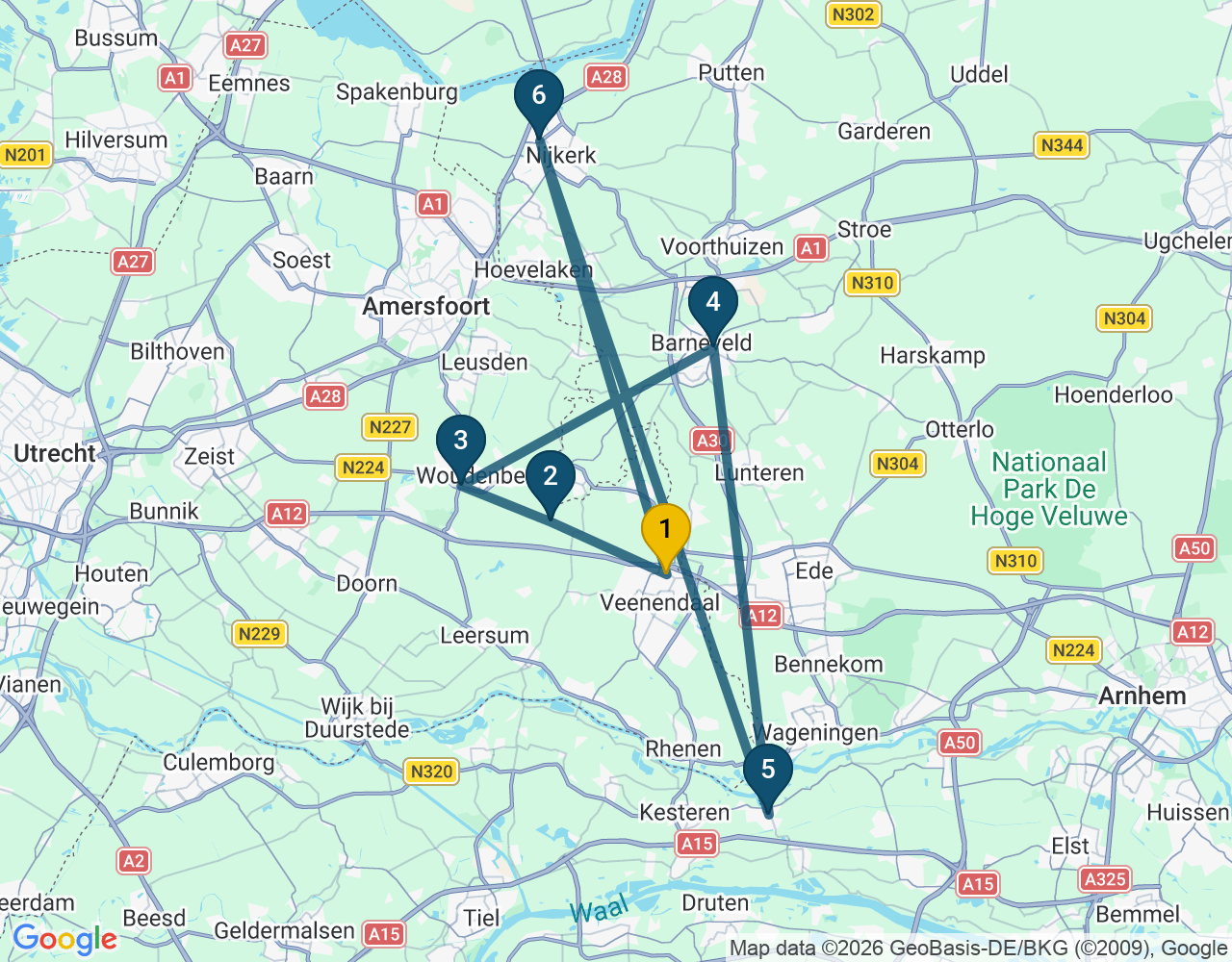Kaart van de kringlooproute met de winkels 1 Veenendaal, 2 Scherpenzeel, 3 Woudenberg, 4 Barneveld, 5 Opheusden en 6 Nijkerk