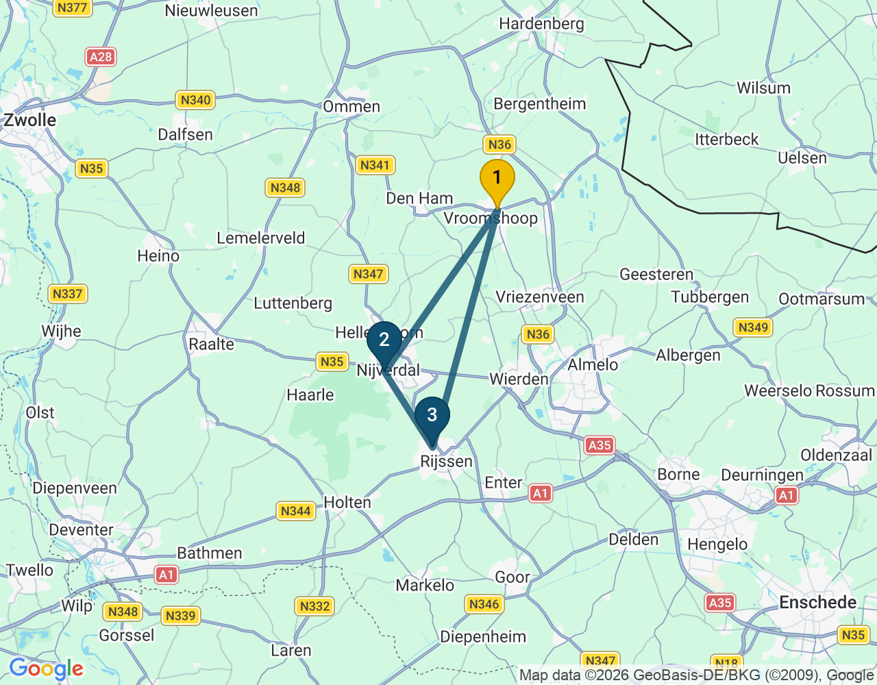 Kaart van de kringlooproute met de winkels 1 Vroomshoop, 2 Nijverdal en 3 Rijssen