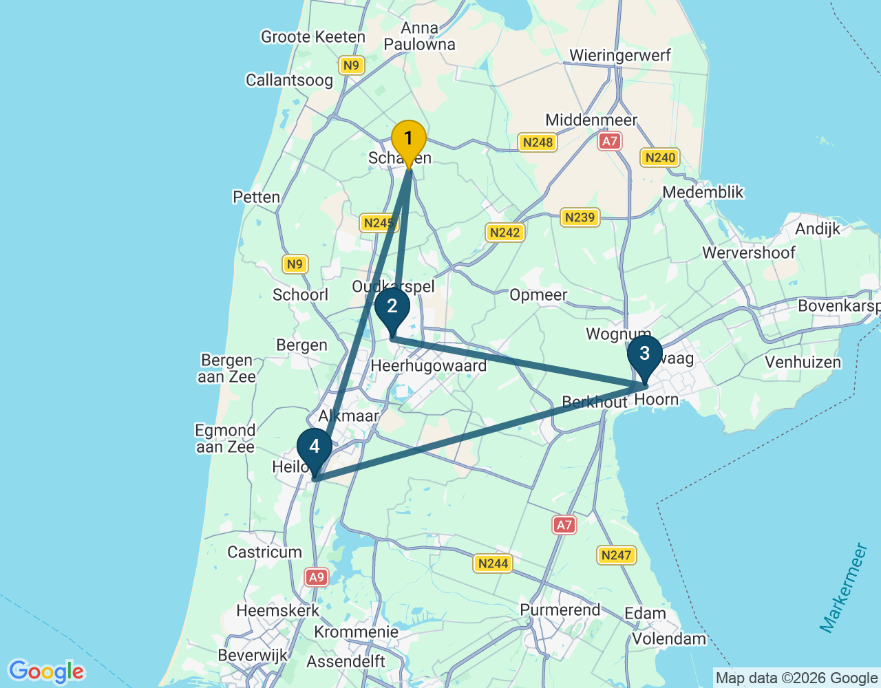 Kaart van de kringlooproute met de winkels 1 Schagen, 2 Langedijk, 3 Hoorn en 4 Heiloo