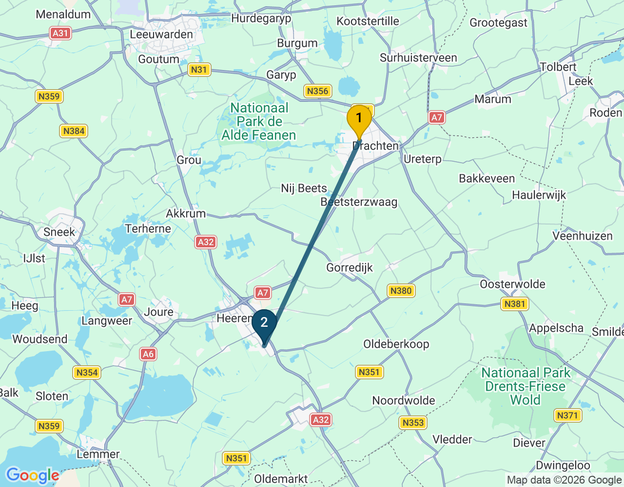 Kaart van de kringlooproute met de winkels 1 Drachten en 2 Heerenveen