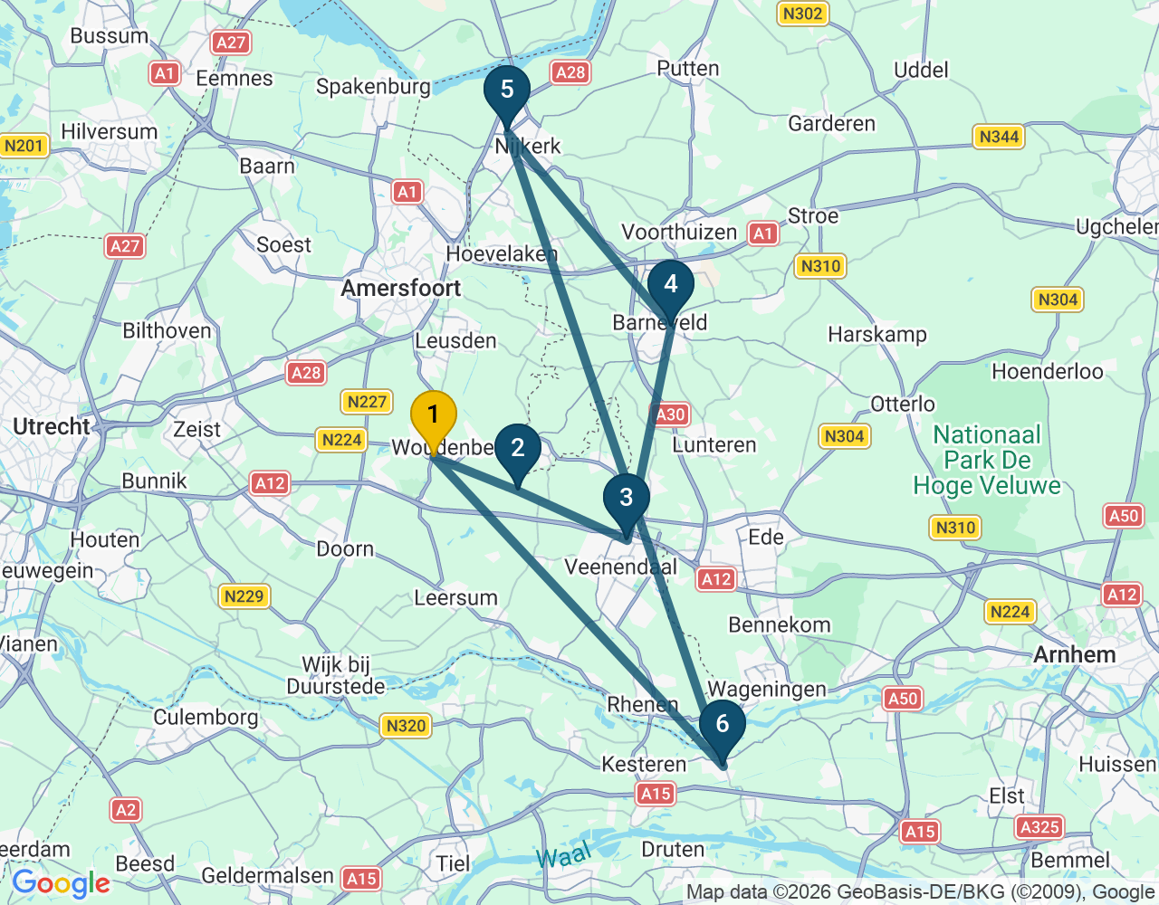 Kaart van de kringlooproute met de winkels 1 Woudenberg, 2 Scherpenzeel, 3 Veenendaal, 4 Barneveld, 5 Nijkerk en 6 Opheusden