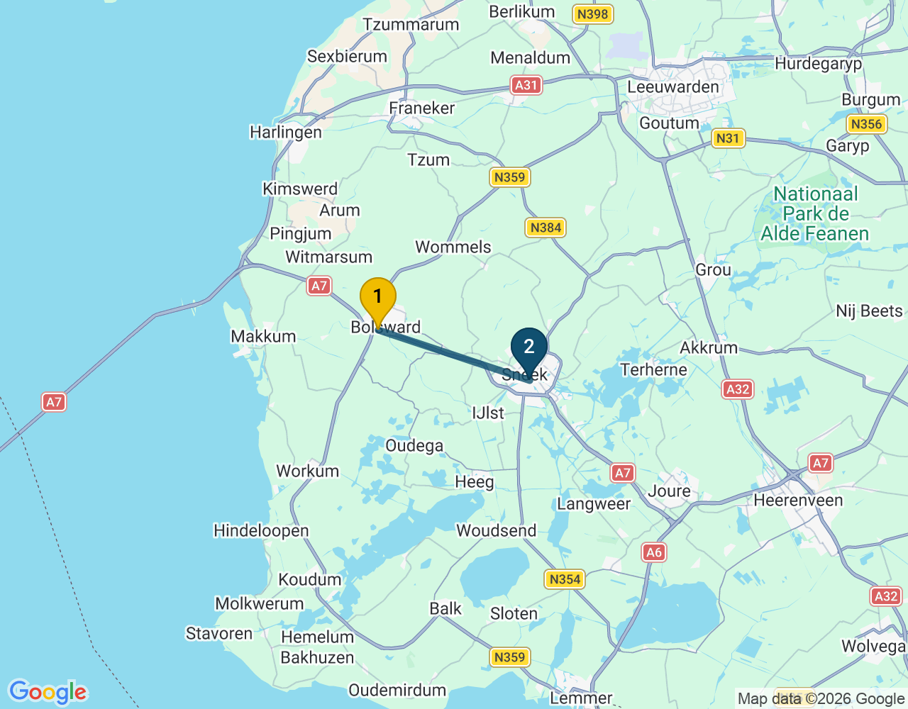 Kaart van de kringlooproute met de winkels 1 Bolsward en 2 Sneek