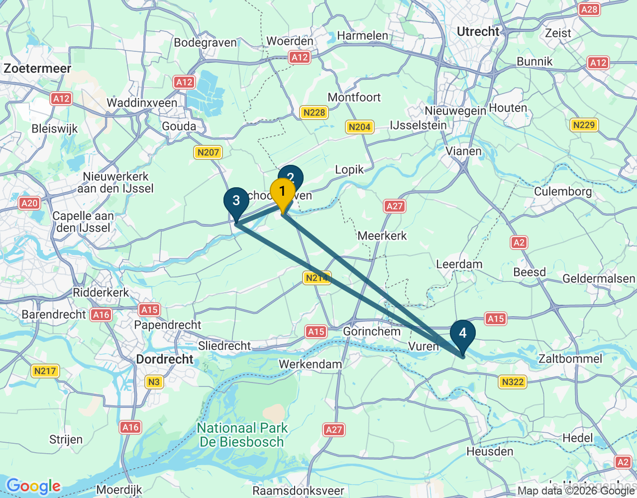 Kaart van de kringlooproute met de winkels 1 Groot-Ammers, 2 Schoonhoven, 3 Bergambacht en 4 Brakel