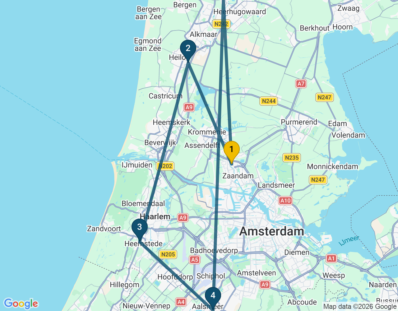 Kaart van de kringlooproute met de winkels 1 Zaandam, 2 Heiloo, 3 Heemstede, 4 Aalsmeer en 5 Langedijk