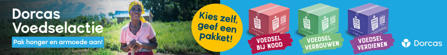 Voedselhulp pakketten van Dorcas met verschillende doelen: bij nood, verbouwen, verdienen.