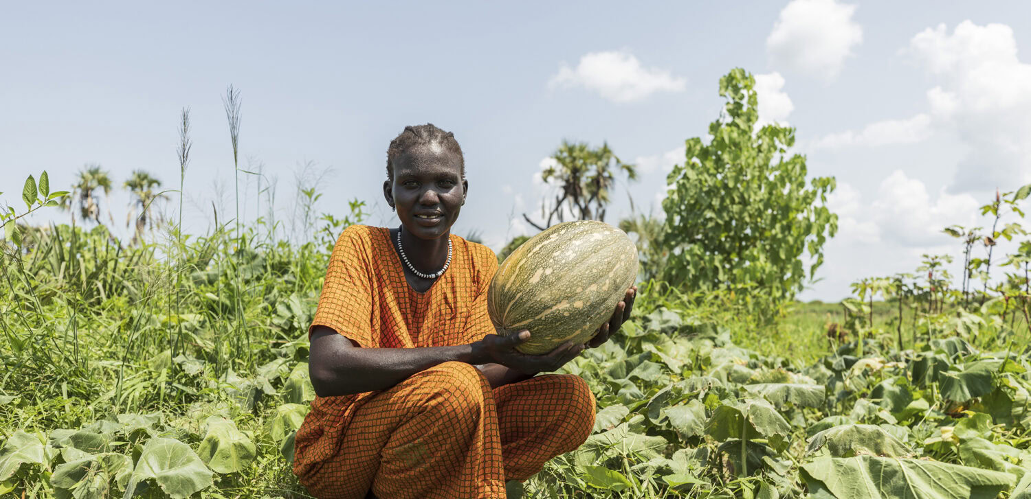 Gezicht van een vrouw in traditionele kleding die een grote watermeloen vasthoudt in een groentetuin.