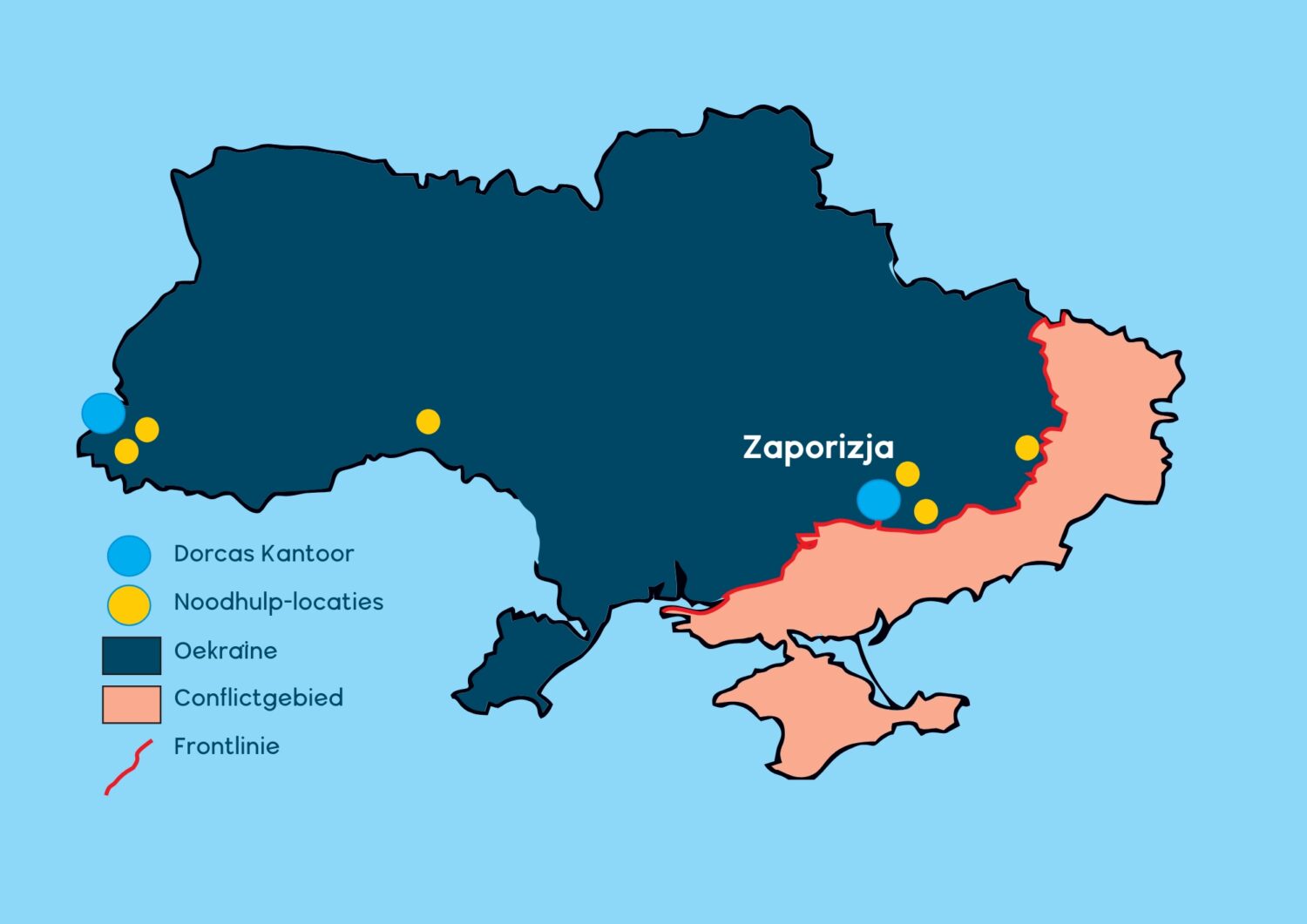Een kaart van Oekraïne met aanduidingen van conflictgebieden, hulplocaties en belangrijke steden zoals Zaporizja en Dorcas kantoor, bedoeld voor humanitaire en hulpdoeleinden.