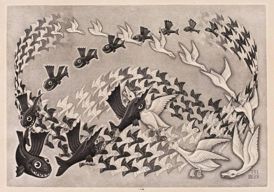 Wit illustratie van een zwerm vogels en vissen die in verschillende richtingen vliegen en zwemmen, met een dynamisch en abstract ontwerp.